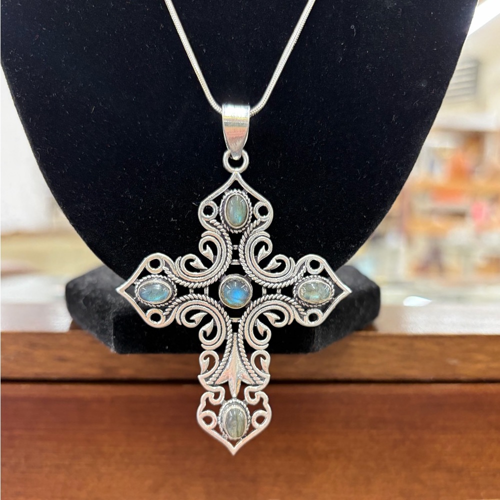 Sterling Silver Cross Pendant and Chain Necklace with Labradorite Stone Inlays